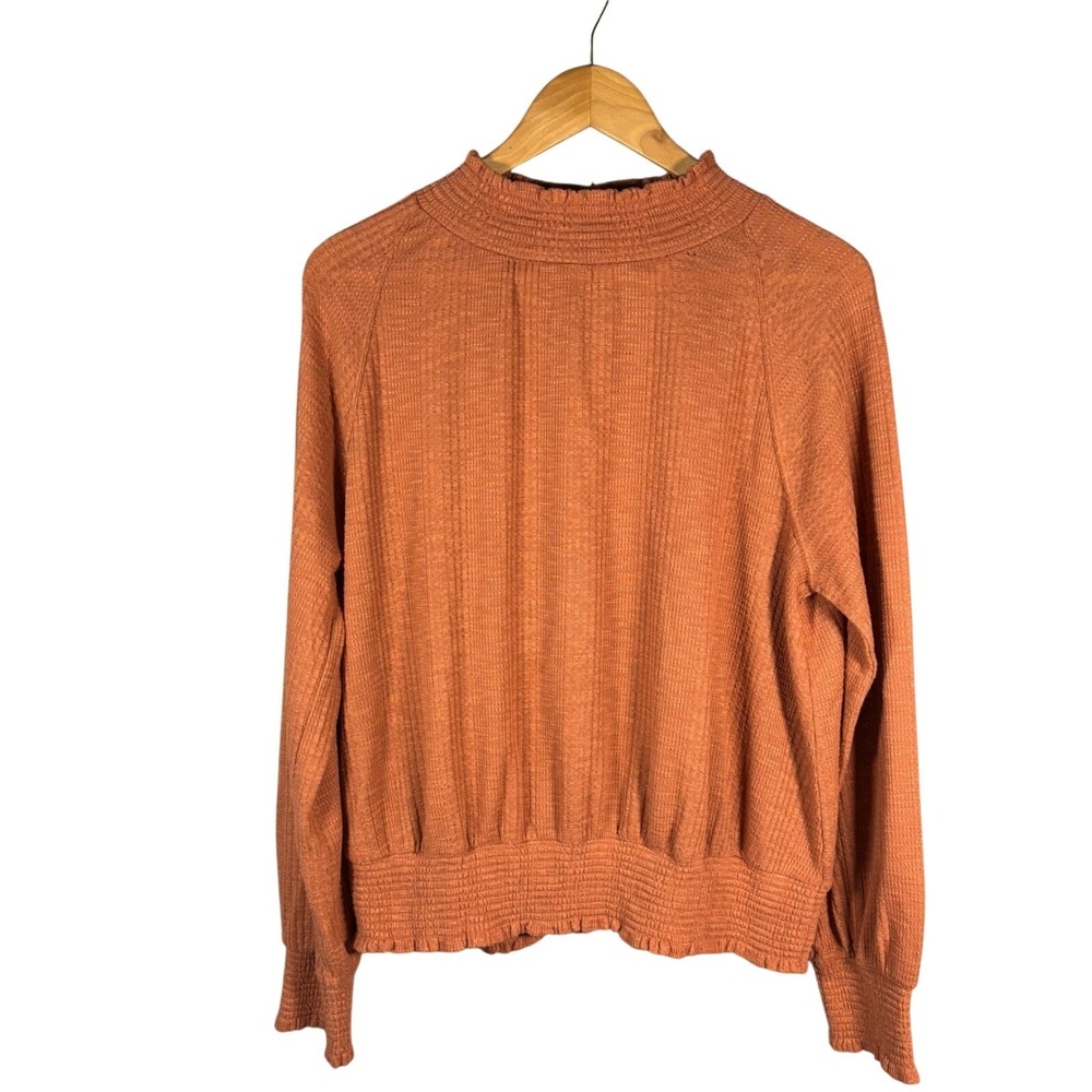 Free People‎ Mock Neck Smocked Waist Ribbed Texture Rust Orange Womens LARGE